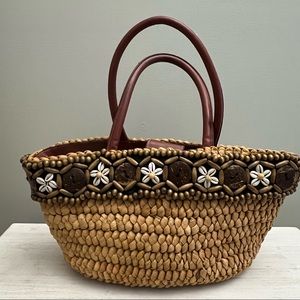 Woven Straw and Leather Tote Bag with Beads and Shells Boho Beach